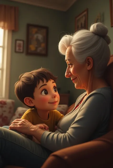 A boy talking to his grandmother 

