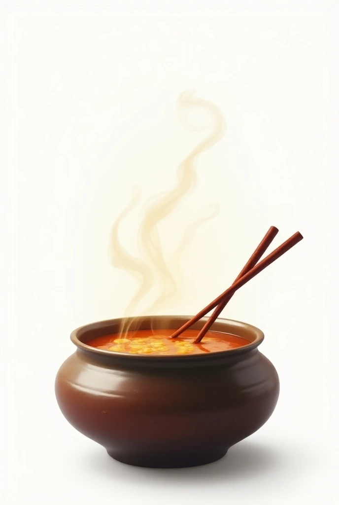 An image on a white background of a pot of soup stock steaming and looking appetizing together with some chopsticks.