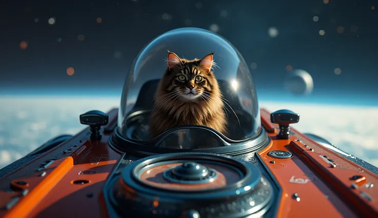 full view of the whole flying saucer in space, a long hair dark brown tabby cat piloting the saucer, an alien co-pilot, view from the windshield, hyperrealistic, 8k, photorealistic, extremely detailed, cinematic lighting, vivid colors, dramatic lighting, i...