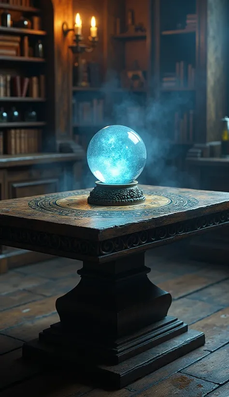 A MAGIC CRYSTAL BALL ON A WITCHS TABLE