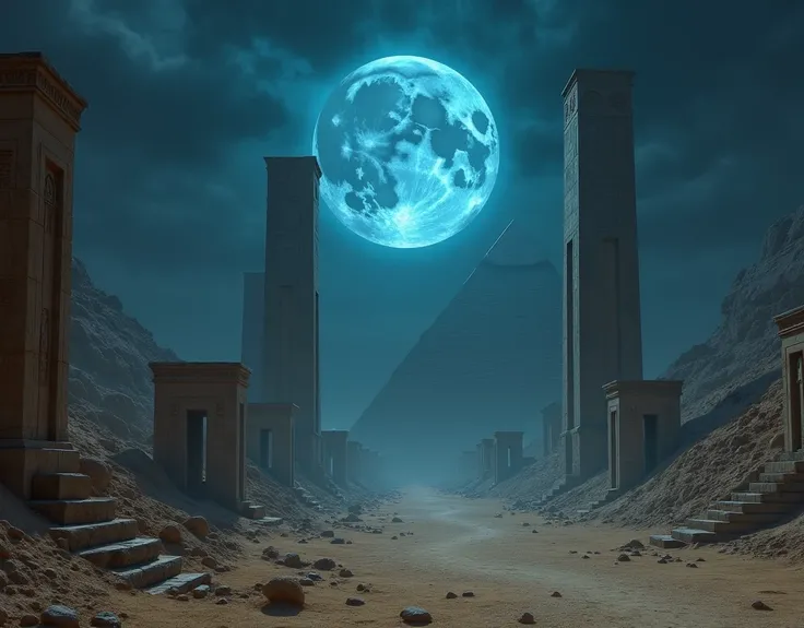 Imagine Egyptian ruins ,  ancient stone buildings with tall towers,  ancient monuments Egypt, sphinx, pyramid, stone portal , Big blue moon, dark place, desert place, apocalyptic, Scary place, macabre atmosphere, .