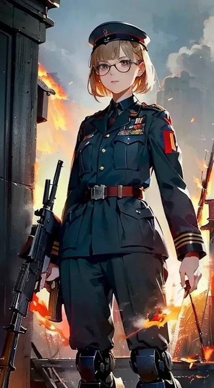 (Female soldier with well-trained body)、(((Fire machine guns to destroy enemy robots:1.4)))、1 Female 1 Robot、(Black combat uniform)、(platinum-blonde-hair:1.2)、shout out、Have multiple weapons、Running through the rubble、((超A high resolution))、Detail Write、​m...