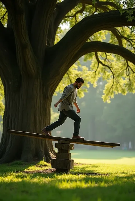 A man playing on a balancer under an oak tree 