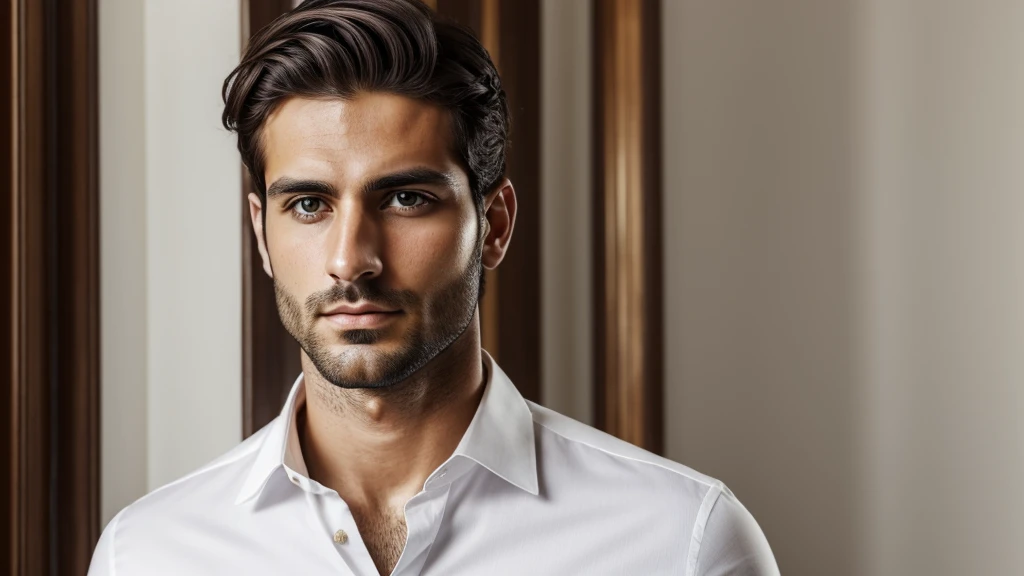 ( best quality )), (( artwork)), (detailed),  perfect face, 27-year-old Italian man, billionaire,  dark brown hair ,barba,  in a white shirt , light brown eyes and a confident and serious look, muscular and tall