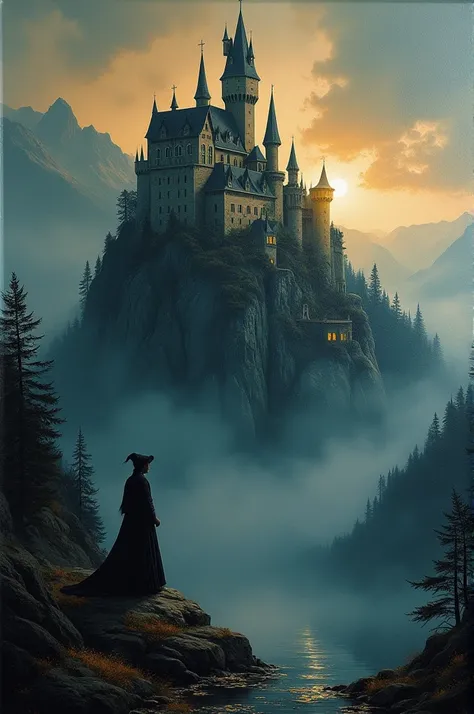 a close-up of a masterpiece, a cASTLE on a mountain, heterochromia xanthochromia gold eyes, chiaroscuro, black and white painting, (best quality,4k,8k,highres,masterpiece:1.2),ultra-detailed,(realistic,photorealistic,photo-realistic:1.37),dramatic lighting...