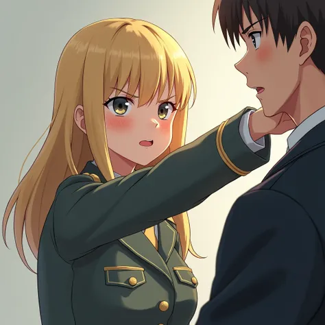 Girl in military uniform, blonde with straight hair,  holds the tie with his first person hand, pulls someone elses tie towards him , smiles angrily. 