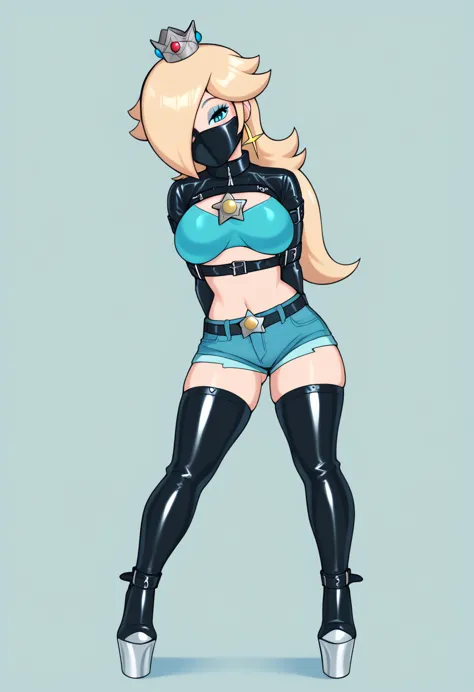 score_9, score_8_up, score_7_up, 1girl (rosalina, from super mario lore, , wearing top blue bikini, wearing blue jean shorts, pl...