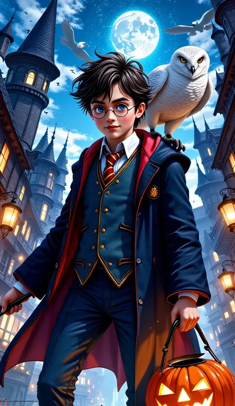 ultra Realistic: harry potter, in hogwarts regular uniform, holding his magic wand, hegrid ( white owl ) on his shoulder, in hogwarts haloween town (night time). Holding a pumpkin lantern.