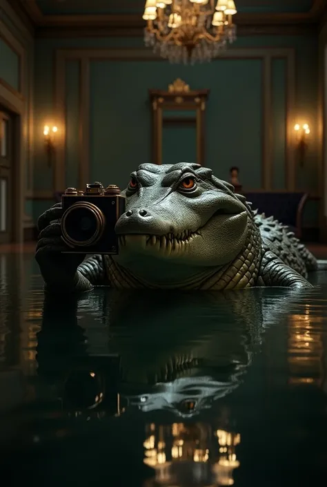 Make me a crocodile taking a picture in front of a mirror in a room
