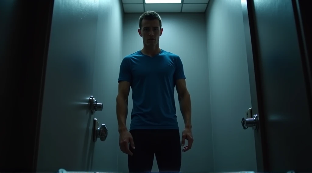 Create a full body highly attractive, athletic young man in his late 20s with a tall, normal fit build. Dressed in blue t-shirt and black pants. He is angry. Character is in a dark, shadow bathroom, and the lighting is low and mysterious, emphasizing tensi...