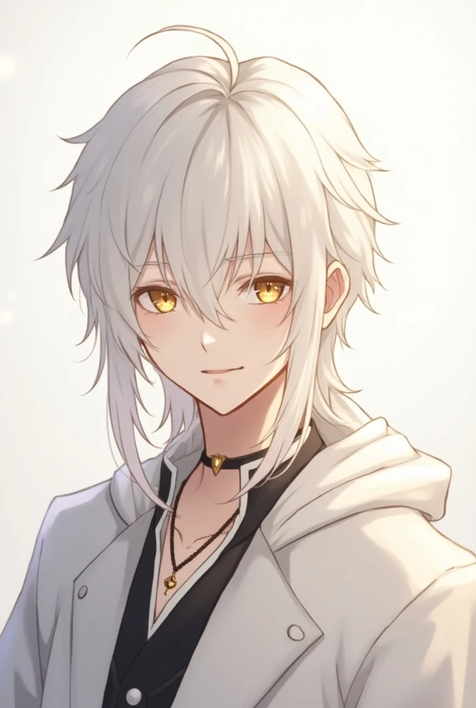 " A 25-year-old male anime character ,  with a striking and angelic appearance . He has albino skin ,  long white hair , smooth and loose,  that falls elegantly around his face .  His eyes have golden pupils they convey a mysterious and attractive air .  T...