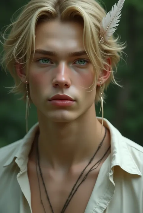 A male wearing long earrings, he has long wavy blonde hair, green puppy eyes and a beautiful face with soft lips, his skin is pale, the shirt that he is wearing doesnt have a collar, he is wearing a necklace and a single feather in his hair