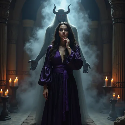 In a dimly lit chamber adorned with ancient runes, a striking female warlock stands at the center, her expression a tapestry of uncertainty and intrigue. Her long, flowing robe, woven with shimmering threads of deep violet and midnight black, clings to her...