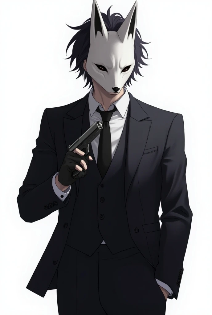 An anime man with kitsune mask and suit, a gun in his right hand, black messy Hair, his left hand in his pocket, white background