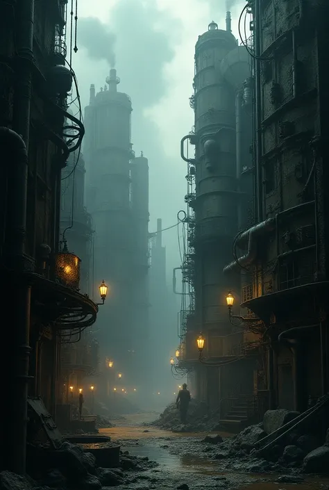 (((steampunk))),city,(((crowded buildings))),exposed gears and pipes,(((dim light))),submerged ground,((gears)),((thick pipes)),covered bridge,The perspective is from the bottom up, reflecting the height of the building,dark weather,smoking chimneys,(((mec...