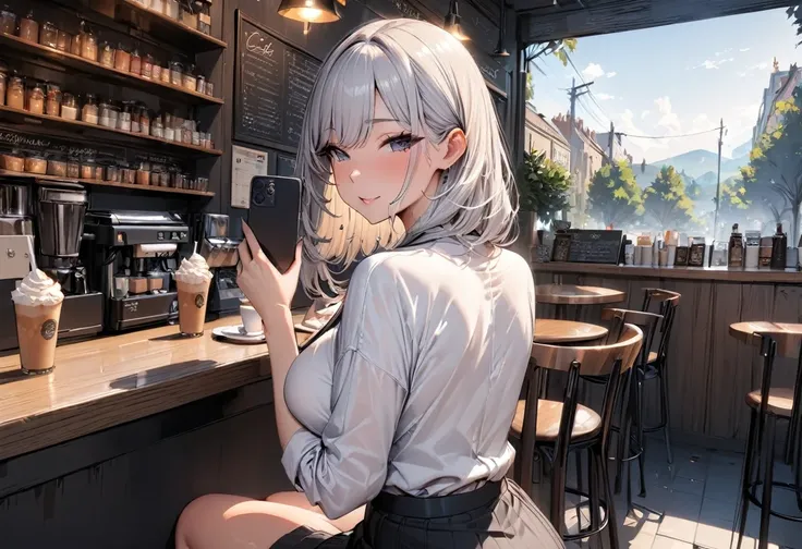 (masterpiece, best quality, ultra detailed, high resolution, detailed facial description), (1 woman:1.3), large Breasts, sit on a chair, look back, smartphone, selfie, cafe, (from behind:1.2)