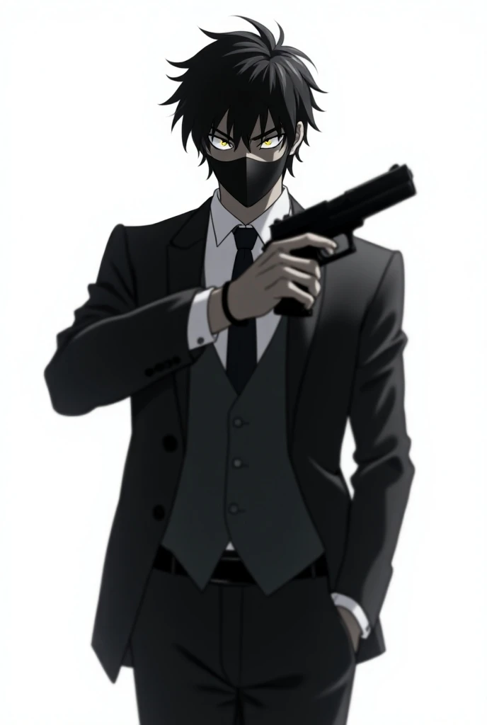 An anime man with mask and suit, a gun in his right hand, black messy Hair, his left hand in his pocket, white background