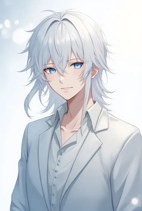 " A 25-year-old male anime character ,  with a striking and angelic appearance . He has albino skin ,  long white hair , smooth and loose,  that falls elegantly around his face . Their eyes have blue pupils that convey a mysterious and attractive air.  The...