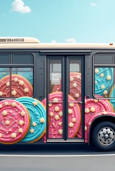 Create media out of home in the shape of a side bus with pink and blue cokkies on its side, with the Fini and Bauducco logo 