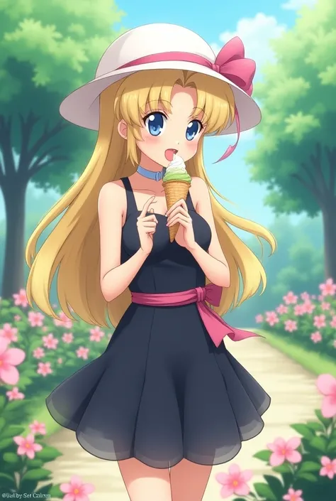 Make me an image of Serena Tsukino, a young adult from the anime Sailor Moon with long blonde hair and Chonguitos wearing a white hat with a pink ribbon around her, wearing a pretty black dress with a ribbon around her pink fabric waist as she walks throug...