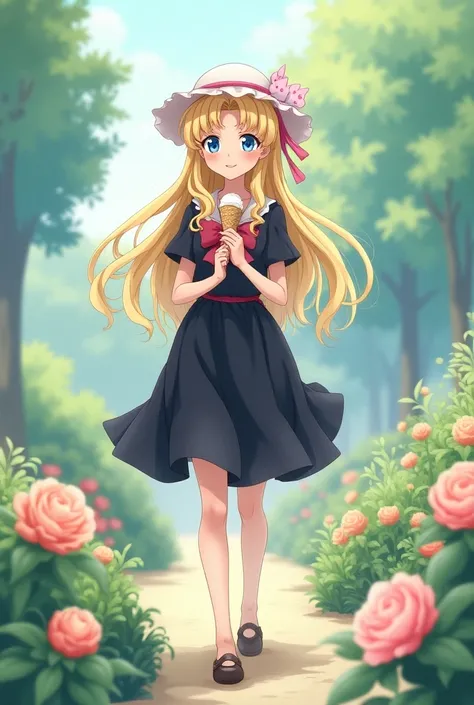 Make me an image of Serena Tsukino, a young adult from the anime Sailor Moon with long blonde hair and Chonguitos wearing a white hat with a pink ribbon around her, wearing a pretty black dress with a ribbon around her pink fabric waist as she walks throug...