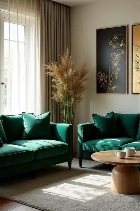 A house with velvety bold green sofas with a gray carpet under the table and white porcelain mugs with a table top with white curtains and black and gold canvases and a bamboo vase next to the sofa