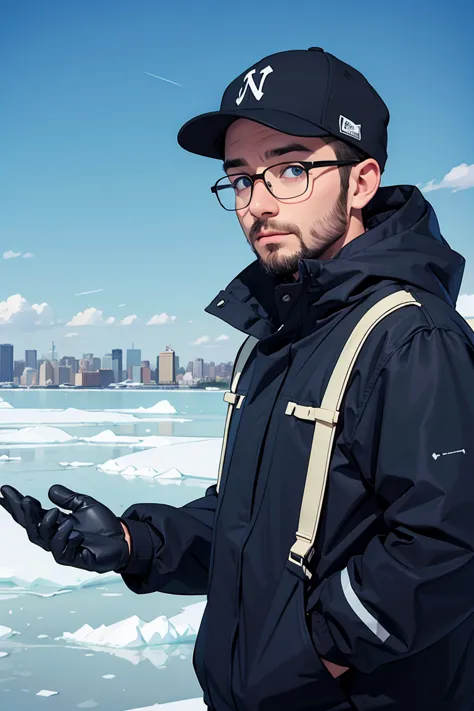 40 years old man with backwards nyc cap, blue eyes, eskimo, short beard, round glasses, middle long hair, on the ice floe