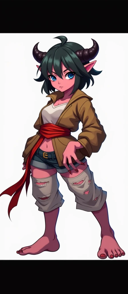  Demon girl with pink skin , Cabelo de Funguito , navy blue eyes,  her clothes are a short jacket that reaches her breasts ,  a torn short pants with a red ribbon like sinturon and bare legs,  has only one horn .