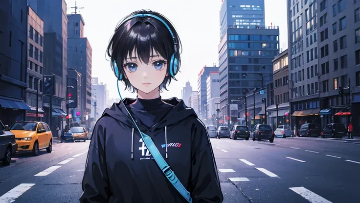  short black hair , Black clothes,  adult woman looking sideways , blue headphones 、 City of  Knight ,   Delicate background 、masterpiece、Knightタウン、 Knight 、dark、 nostalgic