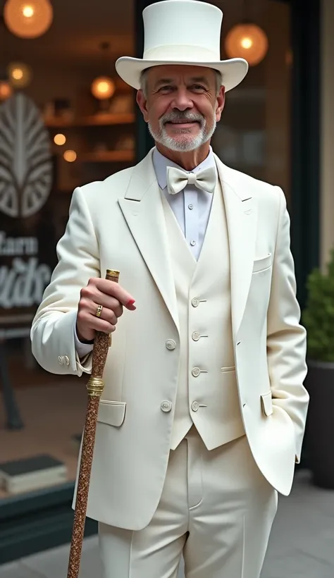 wears a suit/ white tuxedo and wears a white top hat, and carry an  "sweet". age 40 years.  -themed cane posing to present your store to the public