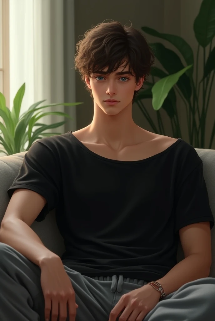 (photorealism:1.2), male, sitting on couch, wearing black loose off-shoulder top, gray sweatpants, short wavy hair, indoors, soft lighting, plants in background, window with sunlight, cozy room, relaxed pose, fringe hairstyle, brunette, square jawline, lig...