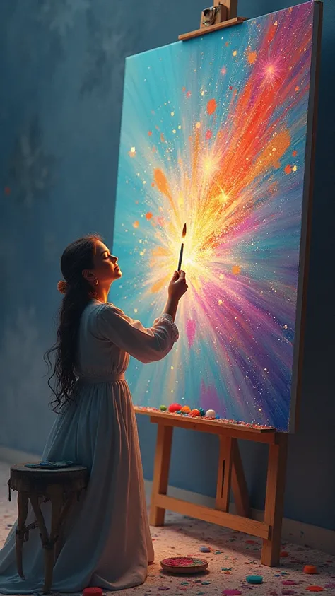 
Surreal art, splashes of paint, a painter is making magic with his brush operating like a magic wand, the canvas is being filled with amazing colorful artwork like magic, sparkles, miraculous and stunning 