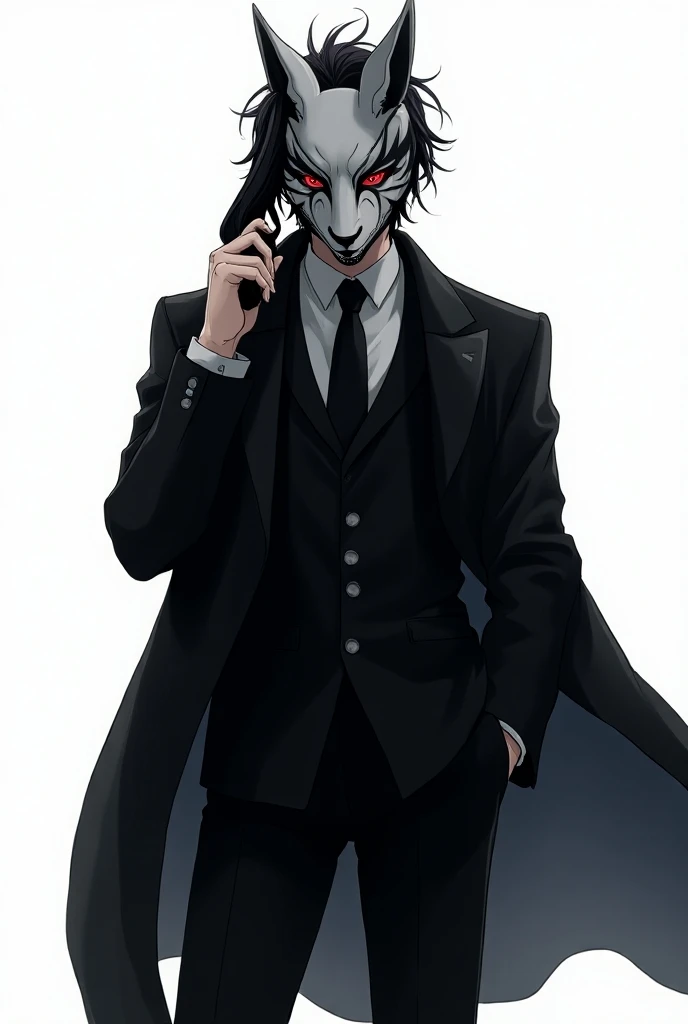 An anime man with kitsune mask and suit, a black coat, gun in his hand, black messy Hair, white background