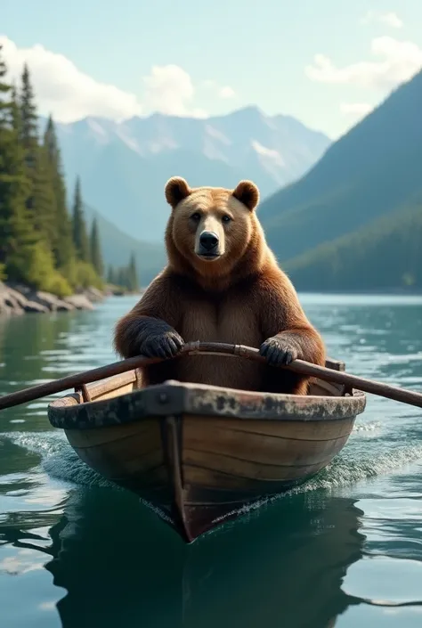 A brown bear rides a fishing boat