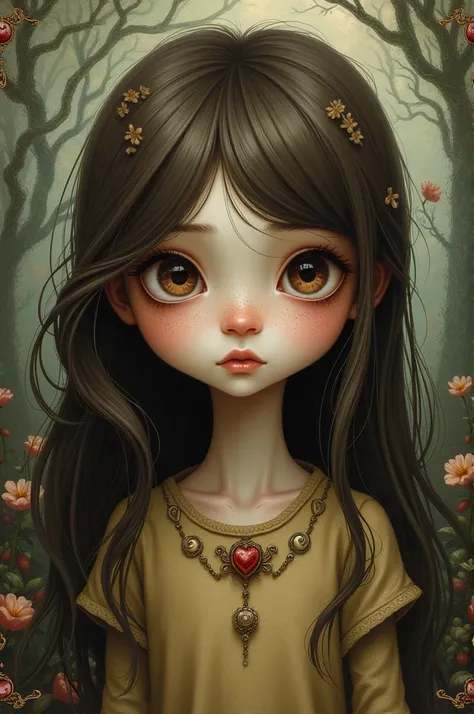 Girl with long brown hair and brown eyes in the style of Tim Burton 