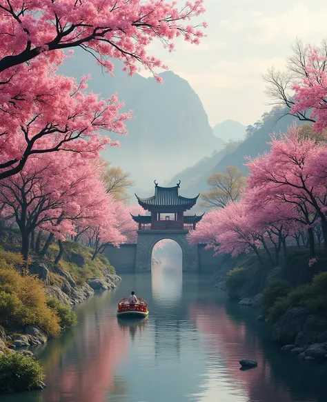 Spring，Spring flowers， traditional Chinese architecture ， Landscape of people ，（The image says Lichun）