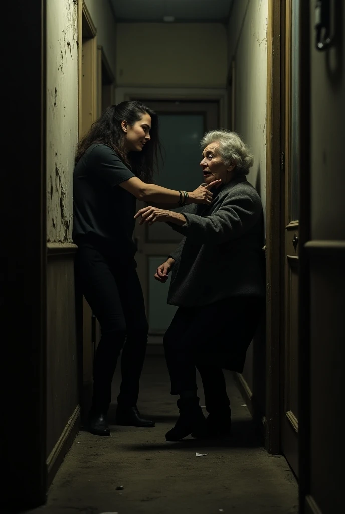 An old lady who is pushed by another woman in a corridor of a Parisian building 