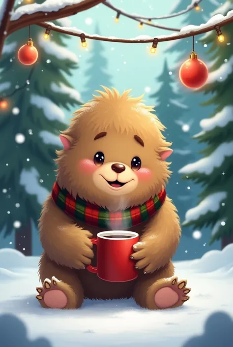 A cute bigfoot in an outdoor christmas setting kawaii style