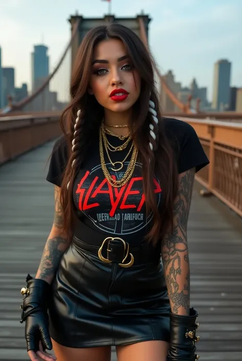 full length,sunny, a 20 years old persia model Woman, brown very long straight Hair with white highlights,braids,curvy,lightgreen Almond Eyes, faux Lashes, Cute full red Lips, Defined Jawlin,highliter makeup,golden jewellery, fullbody tattoos, wear "slayer...