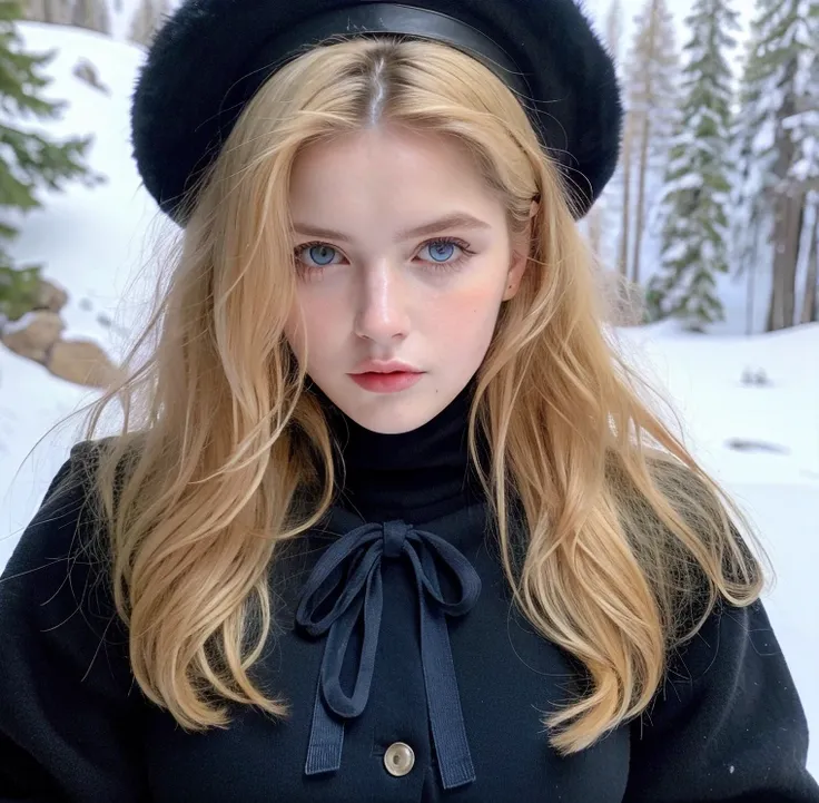 Pretty woman,cute,huge natural breasts, blonde hair curly/flowing, detailed dark BLUE eyes and face, not to skinny, make it ultra-realistic, western european girl, in the snow in the mountains, military uniform (modern military clothing elelments), extreme...