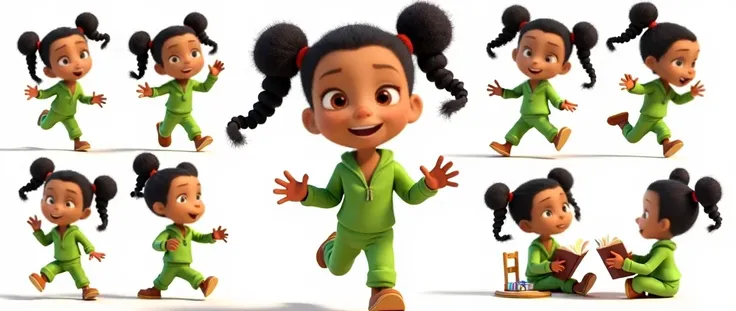 A highly detailed 3D character in Disney style with Pixar-quality rendering of a  African American boy named Jojo, with warm brown skin and two long braided ponytails positioned sideways. He has a prominent forehead, bright curious eyes, and a joyful smile...