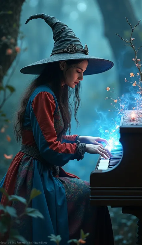 A fantasy scene of a witch-like woman playing the piano, dressed in a blue and red patchwork jacket and skirt, wearing a pointed hat. A magical glow emanates from the piano keys, with misty, enchanting effects surrounding her. Dark forest silhouettes and m...