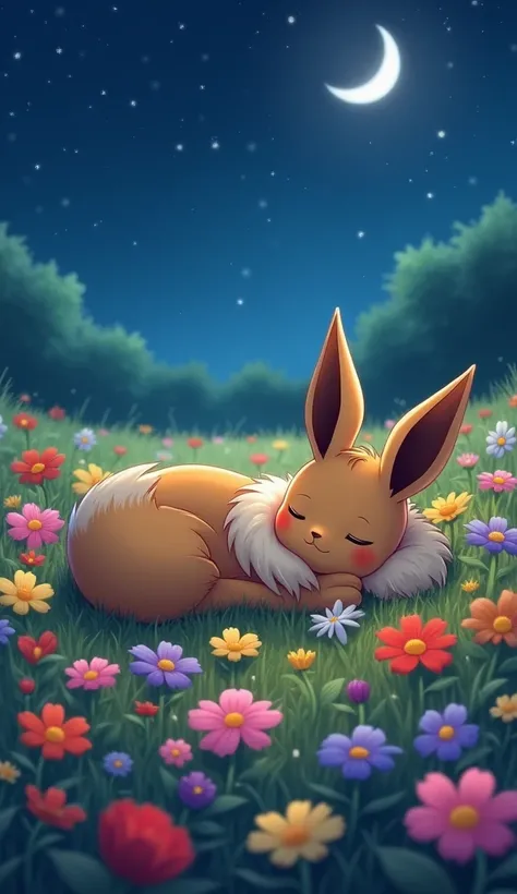 Eevee sleeping curled up in a field of flowers of all colors. It&#39;s night time. 