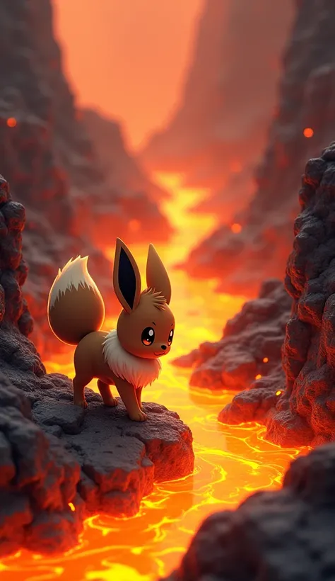  Eevee walking near a lava river. A little scared  