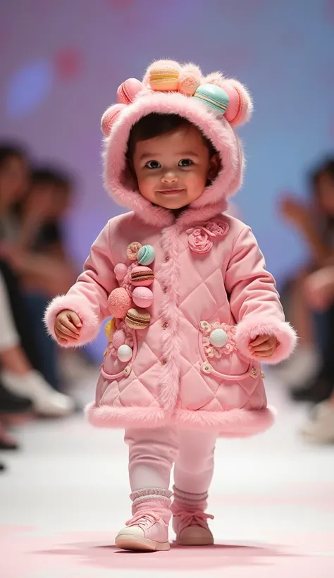 Realistic photo of Sophia , A cute baby girl,  touch in pastel tones of a  parading on a fashion runway wearing a confectionery outfit .  The  must wear a pink quilted coat decorated with three-dimensional appliques Macarons and other candies on the front ...