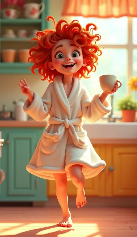  Funny pretty cartoon girl in a bathrobe, satisfied, red curly hair disheveled ,  dancing in the kitchen with a mug of coffee in hand , brightly colorful, beautiful 3d 