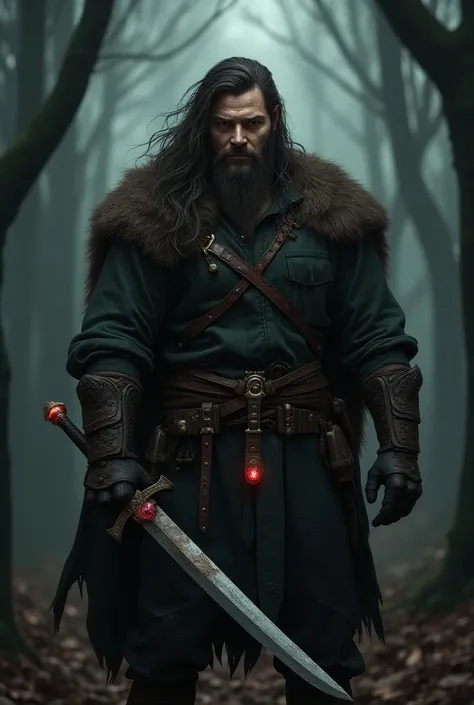 Warrior blacksmith. Long hair. Gentle face. Wearing a sword with a glowing rubi in the hilt. Gloomy forest.