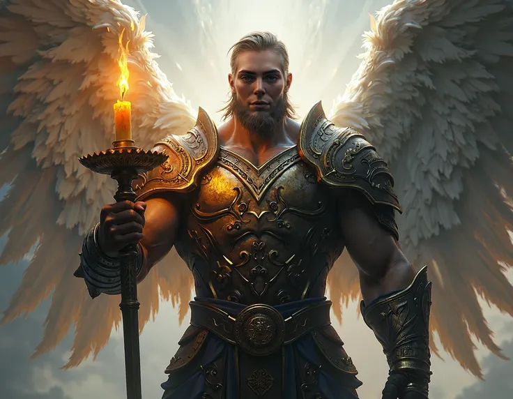  Create an imposing warrior angel , masculine, holding a candle holder . The armor must cover the entire trunk . An angel with an angelic trait at the same time.  Must conform to the reference image.