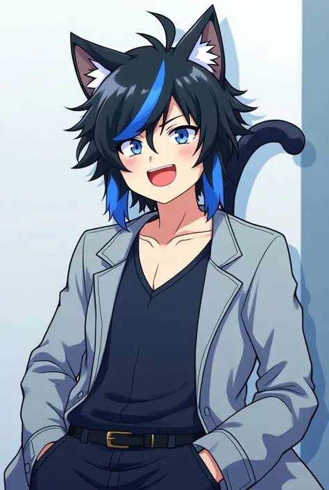  Screenshot of Boku no Hero Academia , Omega boy,  happy expression on his face ,  light black hair , Cat ears,  rebellious locks , U uniform.A light gray coat ,  Unbuttoned shirt , black pants combined with strong blue