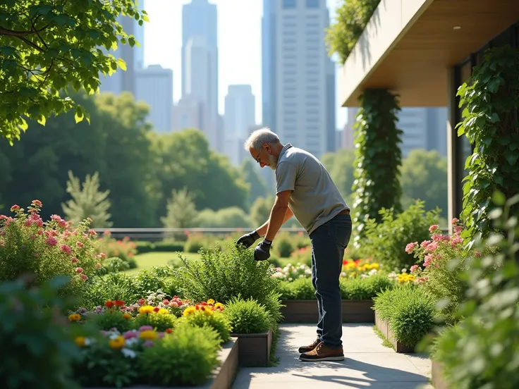 Man arranging the outdoor garden of a city